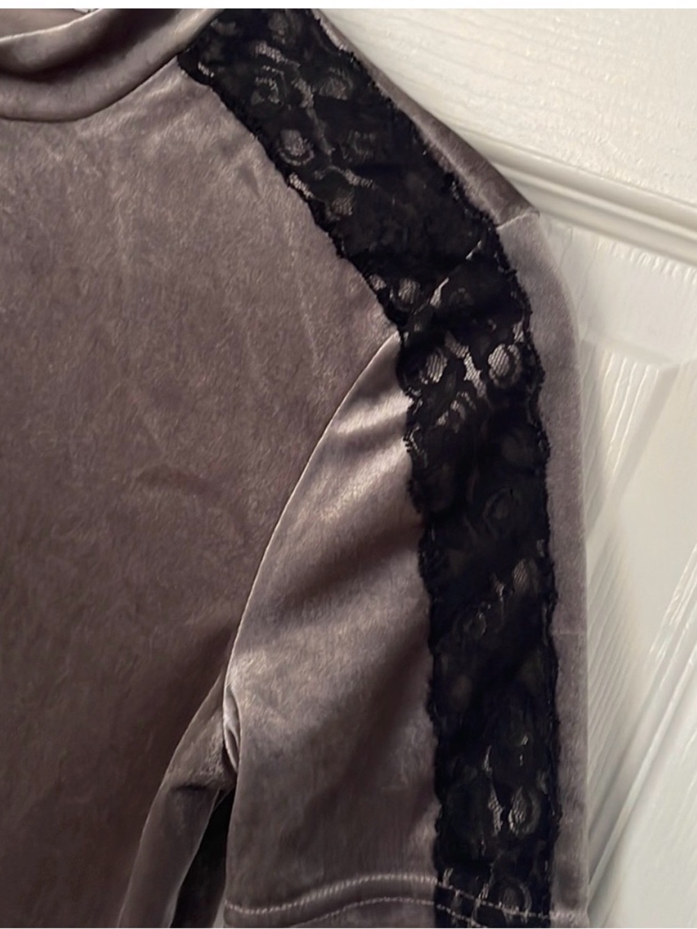 Zara Velvet Long Sleeve Top with Black Lace Trim - Gray